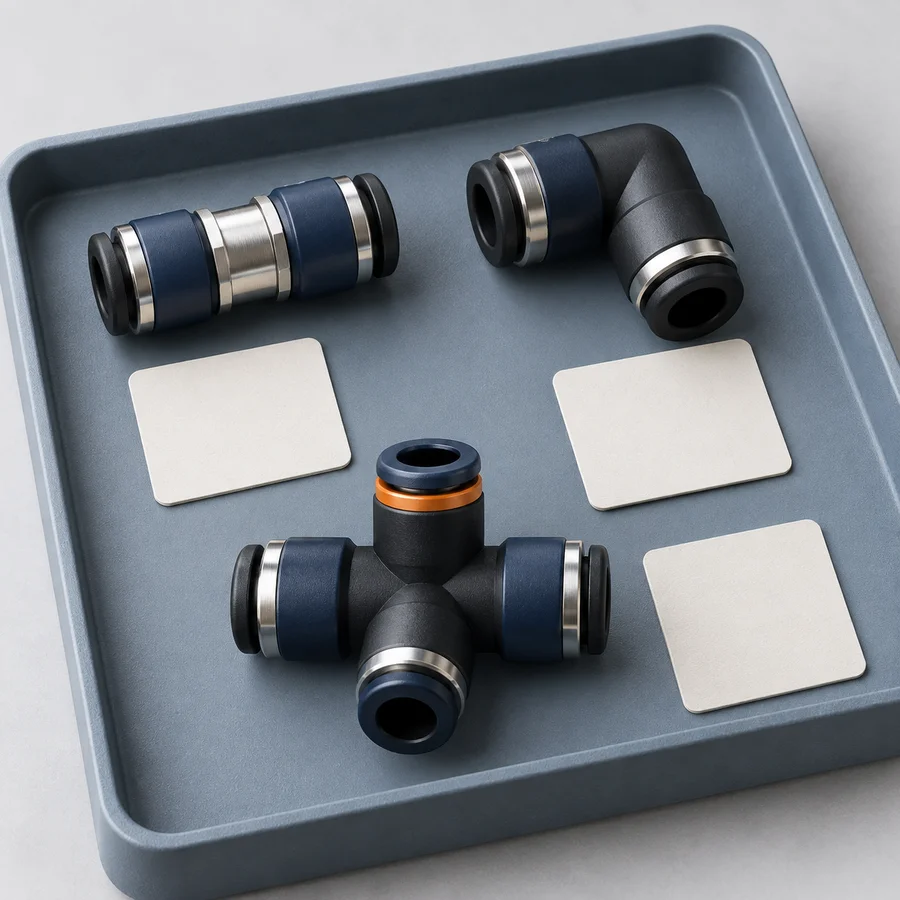 Illustration of pneumatic connector options arranged for product reference