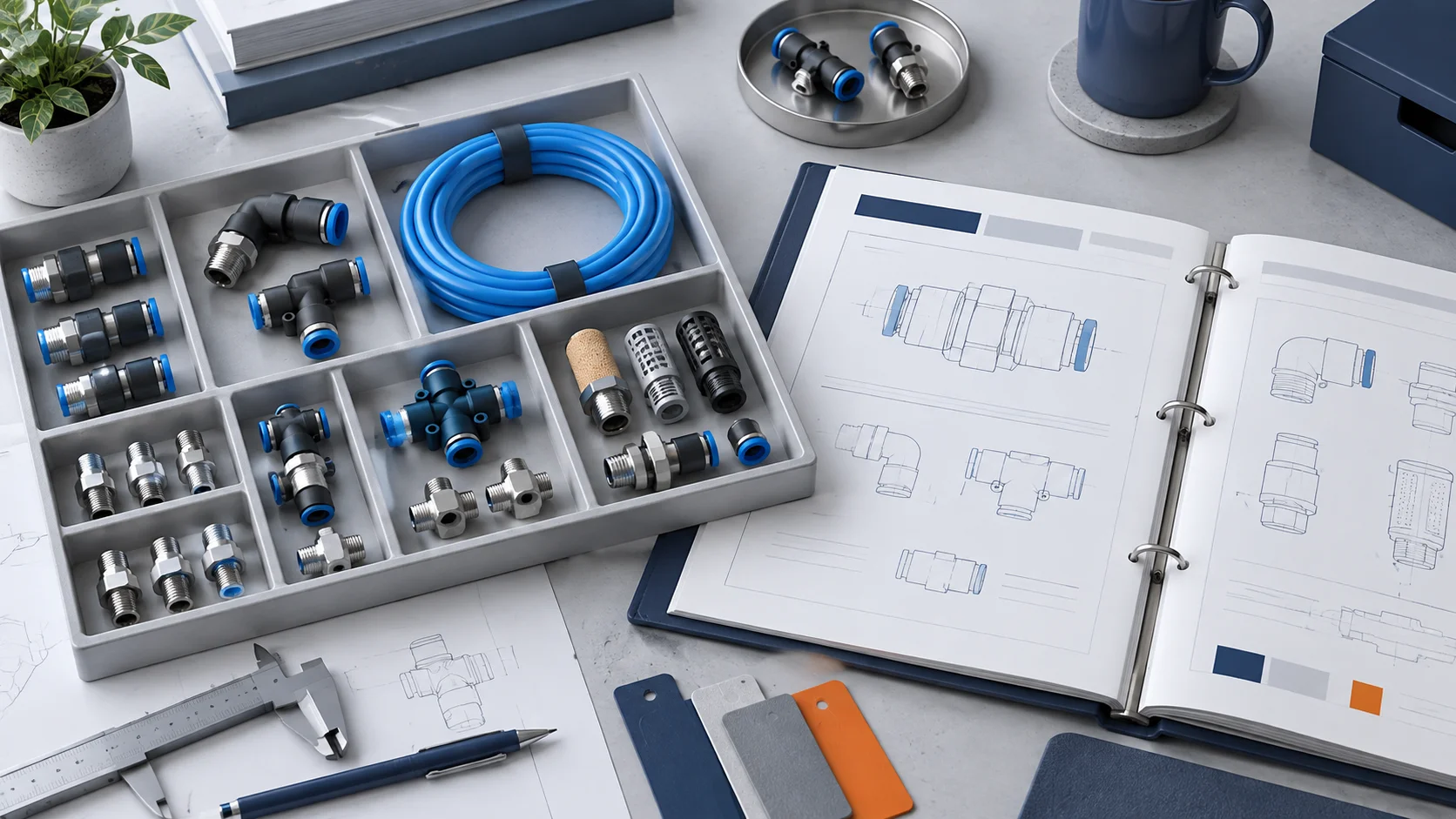 Illustrative arrangement of pneumatic components, tubing and a reference binder