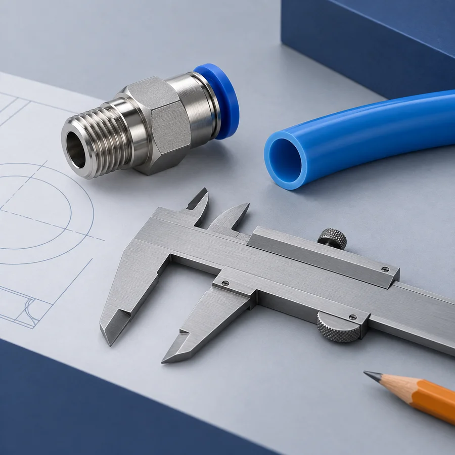 Illustration of a threaded fitting, blue tubing and caliper for specification discussion