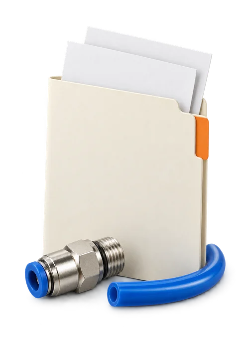 Illustration of a parts list folder with a pneumatic connector and tubing