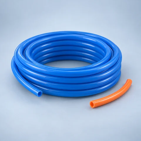 Category illustration of blue pneumatic tubing with an orange tube sample