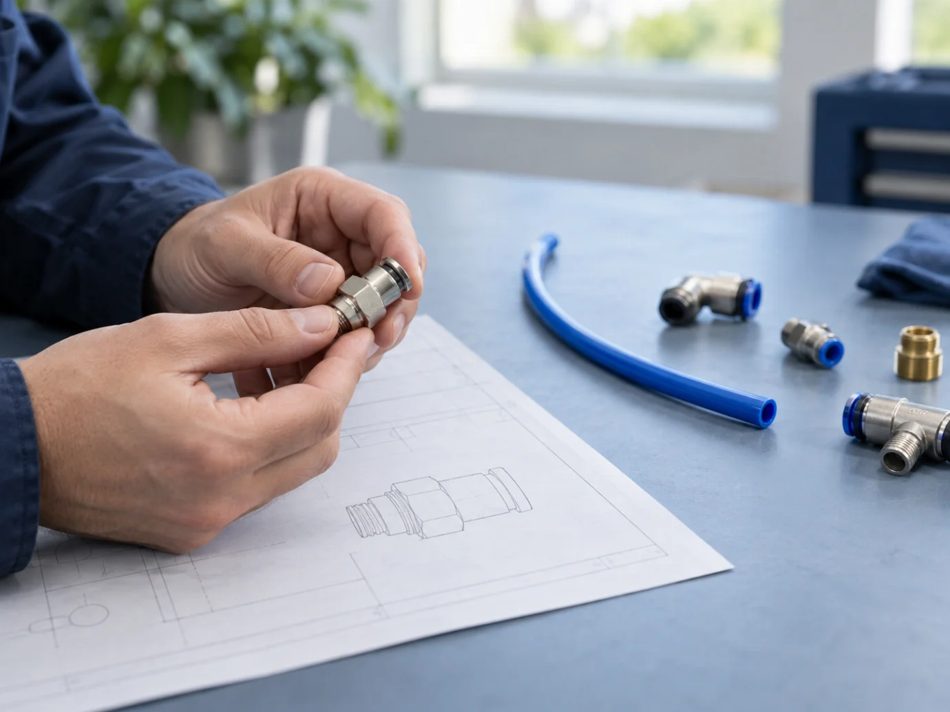 Illustrative scene of hands comparing a pneumatic connection with a drawing on a workbench