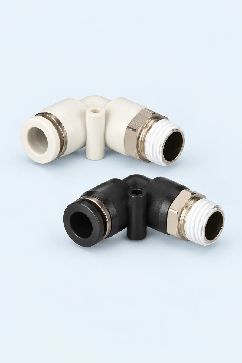 Illustration of white and black elbow-type pneumatic fittings, based on the source catalogue photograph.