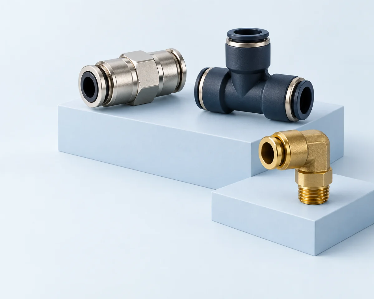 Conceptual category illustration of straight, tee and elbow pneumatic connections on display steps