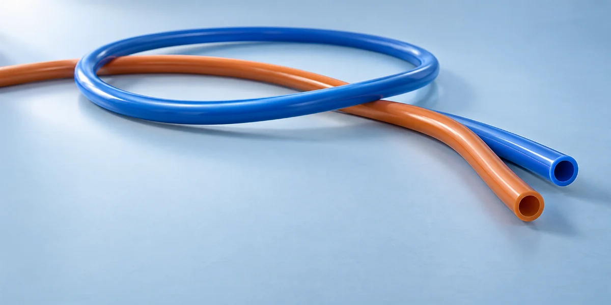 Conceptual illustration of loose blue and orange pneumatic tubes with visible hollow ends
