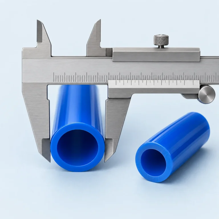 Illustration of a caliper checking a hollow blue tube, with no numerical measurement