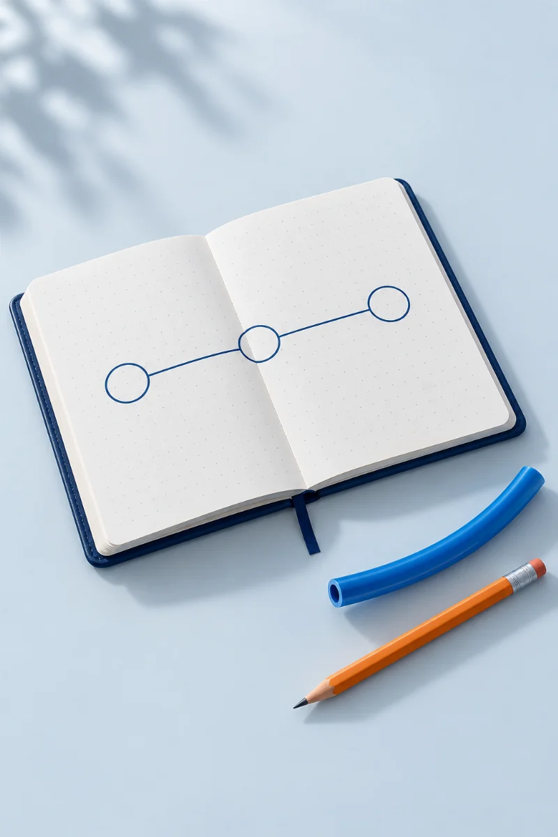 Conceptual illustration of planning a pneumatic connection using a notebook and tubing