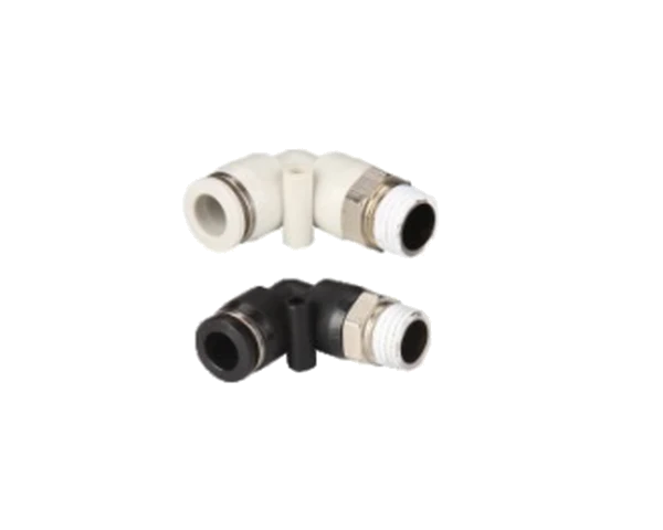 White and black L-shaped pneumatic elbow fittings, catalogue family reference