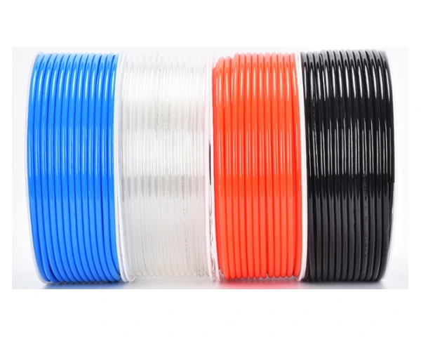 Blue, clear, orange and black pneumatic tubing coils from the supplied worksheet